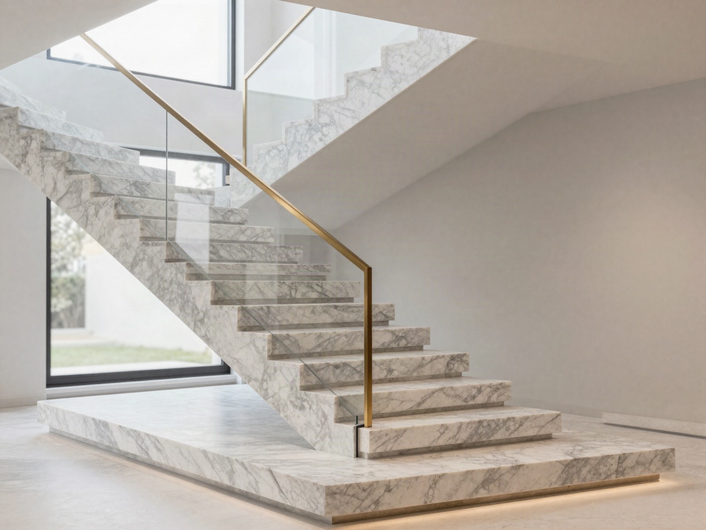 Escalera revestida en mármol blanco